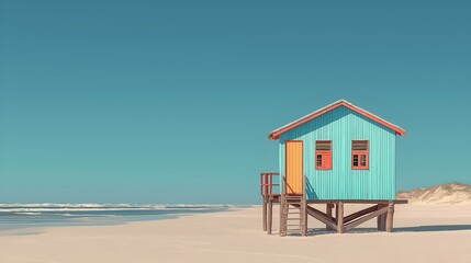 Minimal beach scene with vibrant cyan wooden hut on sandy shore under clear blue sky, emphasizing simplicity and tropical getaway concept.