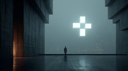 Futuristic cityscape with minimalistic architecture and solitary figure facing a glowing geometric cross in the fog