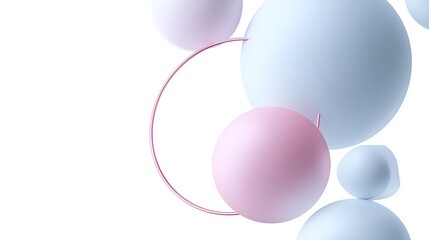 Minimalist pastel-colored spheres and curved ring shapes arranged against a clean white background with soft shadows for elegant abstract design layout