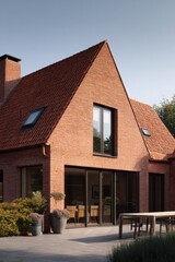 Modern red brick house with stylish design and large windows, surrounded by greenery and a patio area during a clear day