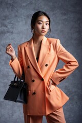 Stylish Asian Woman in Salmon-Colored Suit and Black Handbag