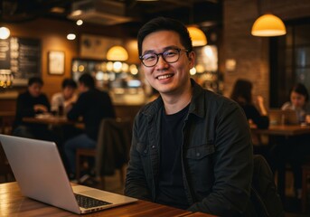 Fototapeta premium A smiling asian man wearing glasses and a dark jacket sits at a wooden table with a laptop in a warmly lit establishment