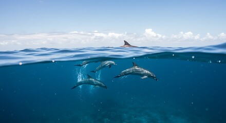 Naklejka premium A split-level view of a pod of dolphins swimming in the deep blue ocean. Beautiful marine wildlife in their natural habitat.