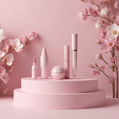 Cosmetic product display featuring pink bottles, jars on tiered podium. Delicate pink, white flowers adorn arrangement, creating soft, elegant scene. Ideal for beauty, skincare, spa branding.