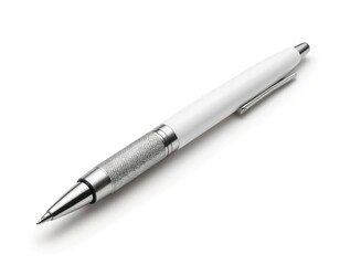 Naklejka premium Elegant white ballpoint pen with silver accents, textured grip isolated on clean white background. Writing instrument features metal clip, fine point for precise ink delivery. Perfect for business,