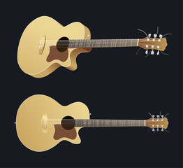 Classic acoustic guitar. Vector illustration of a six-string musical instrument presented in two options: in perspective and front views.