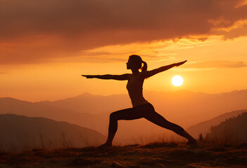 Woman practicing yoga in a warrior pose during a vibrant sunset over mountains
