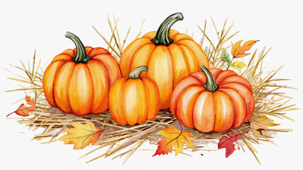 Animated Watercolor Pumpkins on Straw with Autumn Leaves