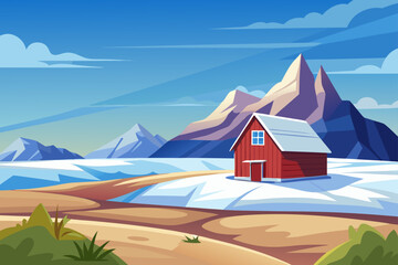 Clear Sky View Of A Tundra With A Barn