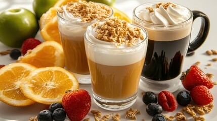 Three Delicious Dessert Drinks with Fruits and Toppings on Table