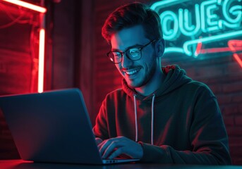 Young man with glasses smiling while working on a laptop under vibrant red and blue neon lights in a modern setting