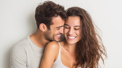 Obraz premium Young couple sharing joyful moment, embracing each other with smiles, showcasing love and connection against a soft, neutral background, conveying warmth and affection