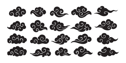 Japanese cloud motif icons in Japanese minimal style offer vector design with silhouette and modern flair. Flat abstract shapes evoke fog or breeze with smooth motion and zen balance. 