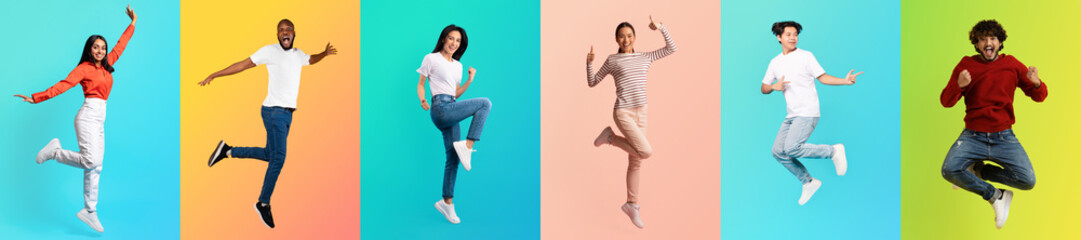 A lively collection of individuals of various backgrounds are playfully jumping against vibrant...