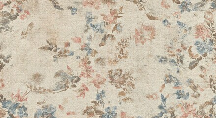 Naklejka premium Vintage Floral Fabric Texture with Faded Blue, Pink, and Brown Blossoms on a Cream Background
