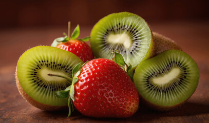 Fresh strawberries and sliced kiwi close-up on wooden surface. Vibrant red berries and green kiwi halves with black seeds. Juicy, sweet fruit composition perfect for healthy eating or dessert themes.