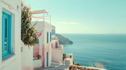 Fototapeta premium A stunning view from a whitewashed villa on a Greek island, overlooking the beautiful Mediterranean Sea.