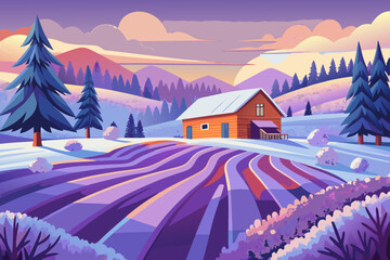 Naklejka premium Snowy View Of A Lavender Field With A Barn