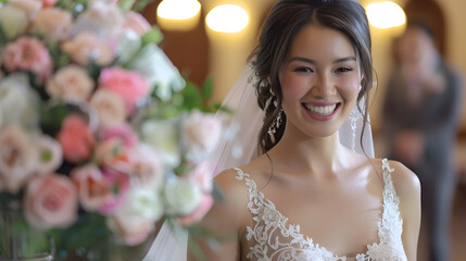 A beautiful, radiant bride with a joyful smile on her wedding day with a rose bouquet.