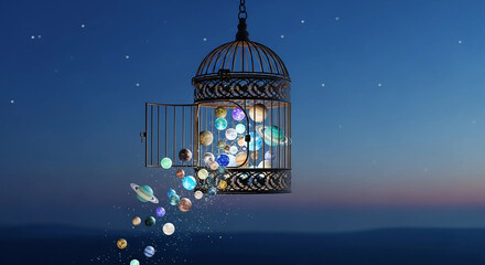A whimsical birdcage opens to release a collection of planets and stars into the night sky, symbolizing the escape of dreams and imagination into the vastness of the universe