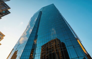Modern glass skyscraper reflects city skyline at golden hour. Sleek, blue-tinted facade with geometric window pattern. Noisy urban center, downtown business district. Tall contemporary architecture