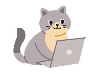 Vector gray cat working with laptop in flat design. Funny illustration of cute cat using laptop and sitting.