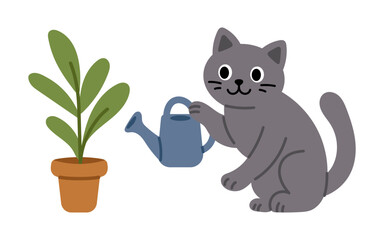 Vector illustration of gray cute cat sitting next to flower pot. Gray cat holding watering can and watering plant in flat design. Funny kitten clipart.