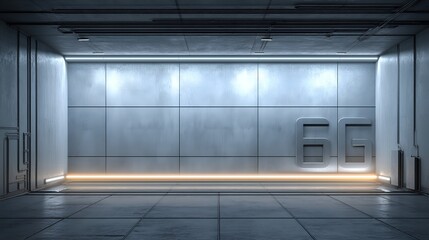 Futuristic empty metallic room labeled 66 with minimal lighting, cyber-industrial design for high-tech backgrounds or interfaces
