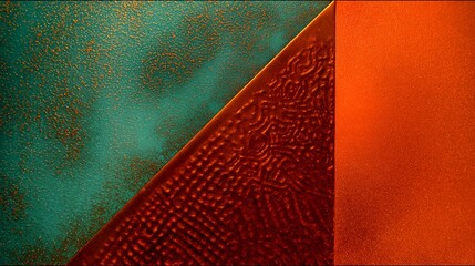 Textured abstract artwork with metallic red and green geometric surfaces divided diagonally, showcasing surface patterns and light