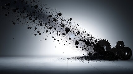 Exploding mechanical gears transforming into black particles in abstract industrial scene, representing entropy, disintegration, and high-tech machinery in motion