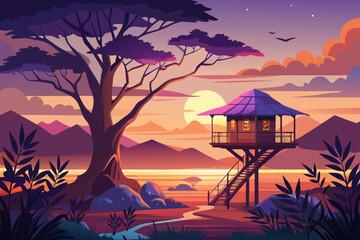 Twilight View Of A Savanna With A Treehouse