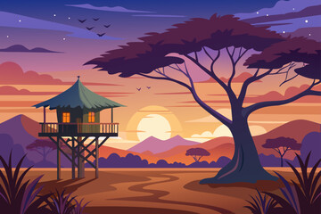Twilight View Of A Savanna With A Treehouse