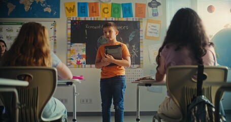 Female Teacher Calling Young Student to Board During Science Lesson in Modern Classroom. Smart...