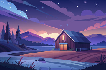 Twilight View Of A Tundra With A Barn