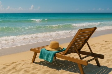Obraz premium A wooden lounge chair is positioned on sandy beach, adorned with a straw hat and towel, overlooking the tranquil turquoise ocean waves