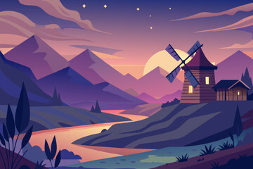 Twilight View Of A Valley With A Mill