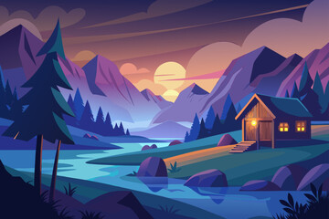 Twilight View Of A Valley With A Cottage