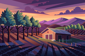 Twilight View Of A Vineyard With A Abandoned Shack
