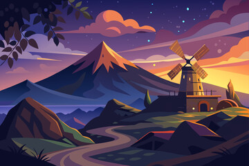 Twilight View Of A Volcano With A Windmill