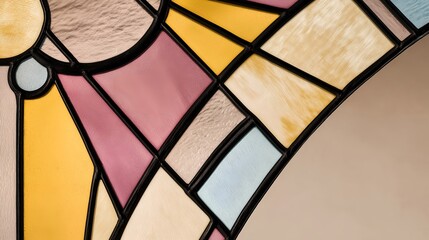 Close-up of colorful stained glass arch with geometric pastel patterns in soft lighting, ideal for decorative and cultural themes