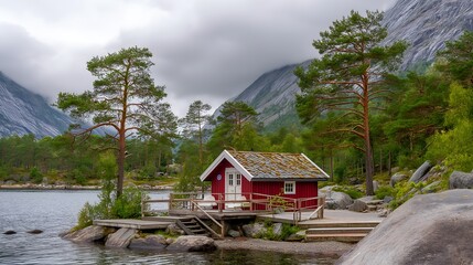 Scenic lakeside red cabin surrounded by pine trees and misty mountain landscape, ideal for travel and nature concepts