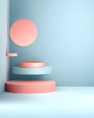 A vertical pastel platform composition featuring coral pink and light blue cylindrical podiums against soft gradient lighting, perfect for product showcase or cosmetic branding mockups