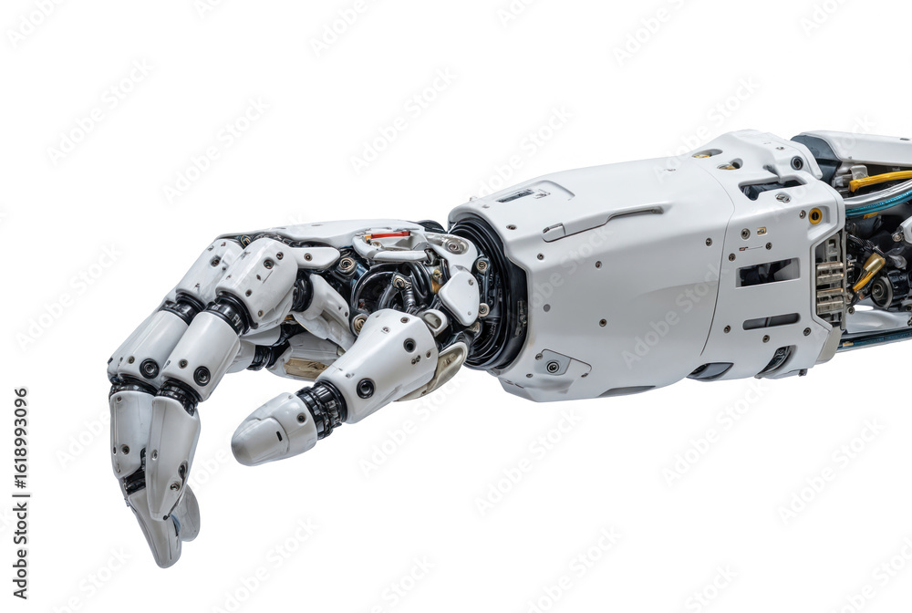 Poster advanced robotic arm with articulated fingers, showing detailed mechanical components. white chassis
