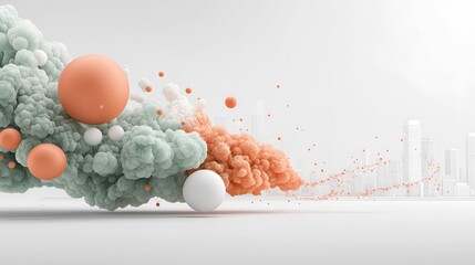 A surreal flow of mint green and coral orange voxel-like clouds with scattered spheres in soft ambient light for futuristic environmental or technology concept art
