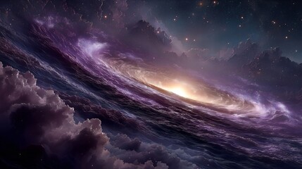 Dramatic spiral galaxy with glowing center surrounded by dark clouds and stars, cosmic scene with intense purple and blue tones
