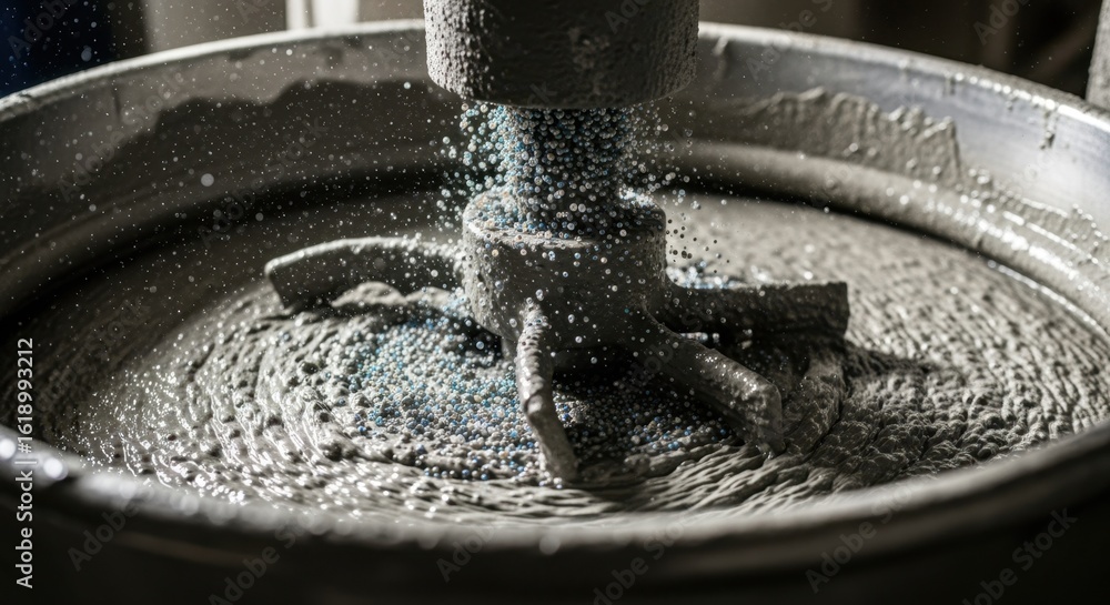 Poster slow motion capture of selfhealing microcapsule integration into concrete slurry within rotating ind