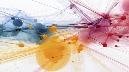 Abstract data visualization with colorful interconnected spheres and threads symbolizing neural networks and digital connectivity