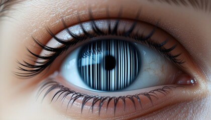 Macro shot of realistic human eye with circular barcode replacing iris