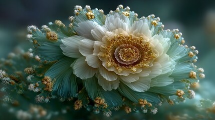 Fractal-inspired flower with layered translucent petals in teal and cream, detailed and symmetrical in a dreamlike botanical fantasy style