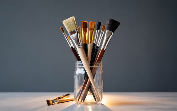 Artistic Still Life of Paintbrushes in Jar Ready for Creative Expression and Artistic Pursuits